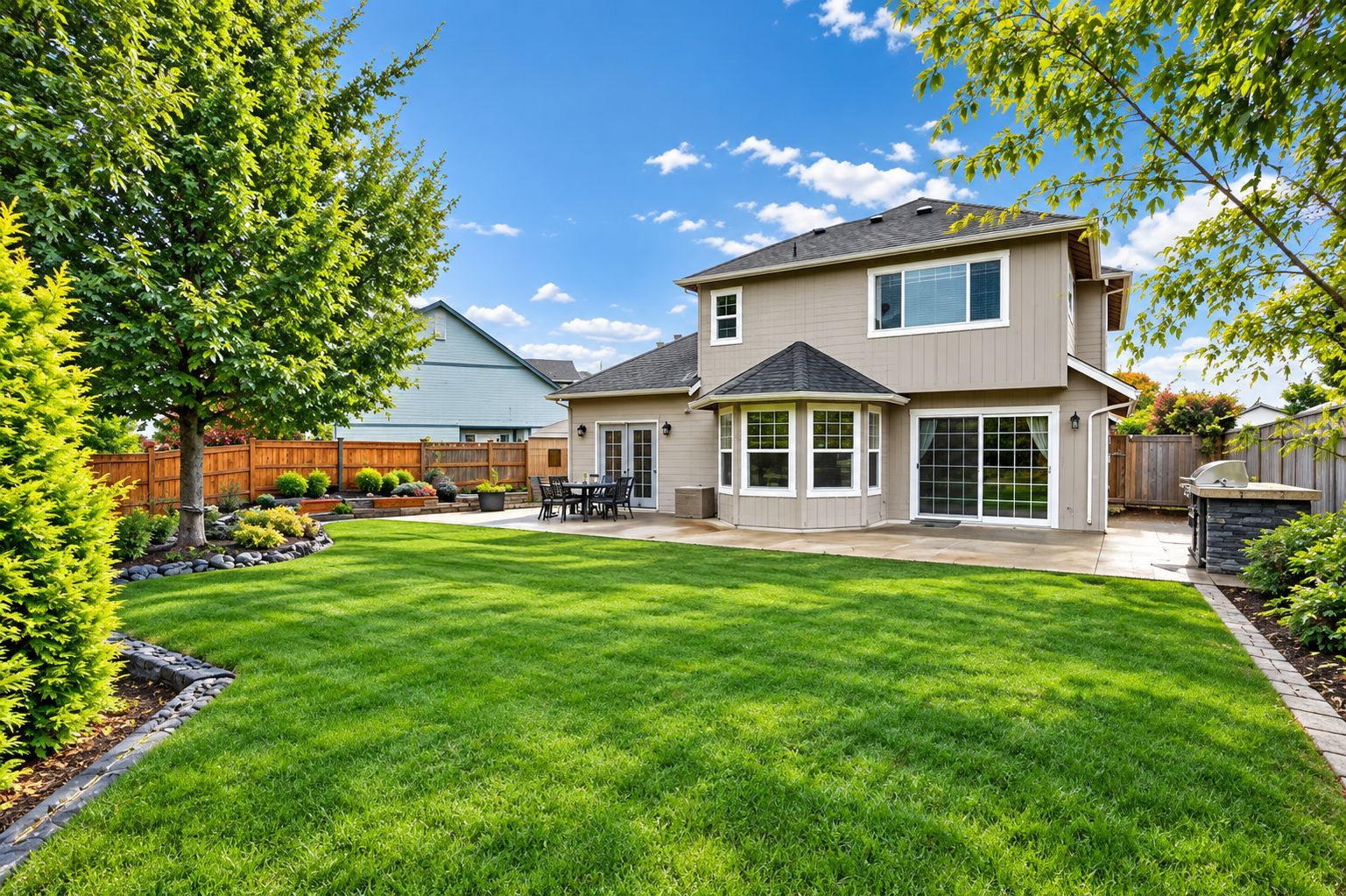 Backyard with lush green lawn, patio, and a two-story house under a blue sky