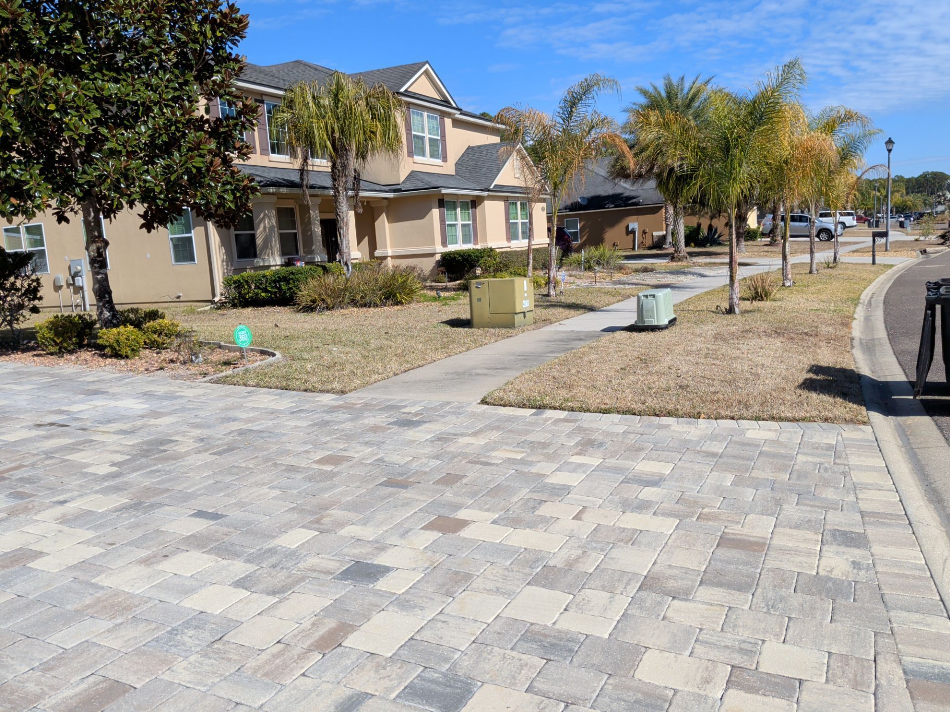 Paver sidewalk and street in front of houses with palm trees under a blue sky.