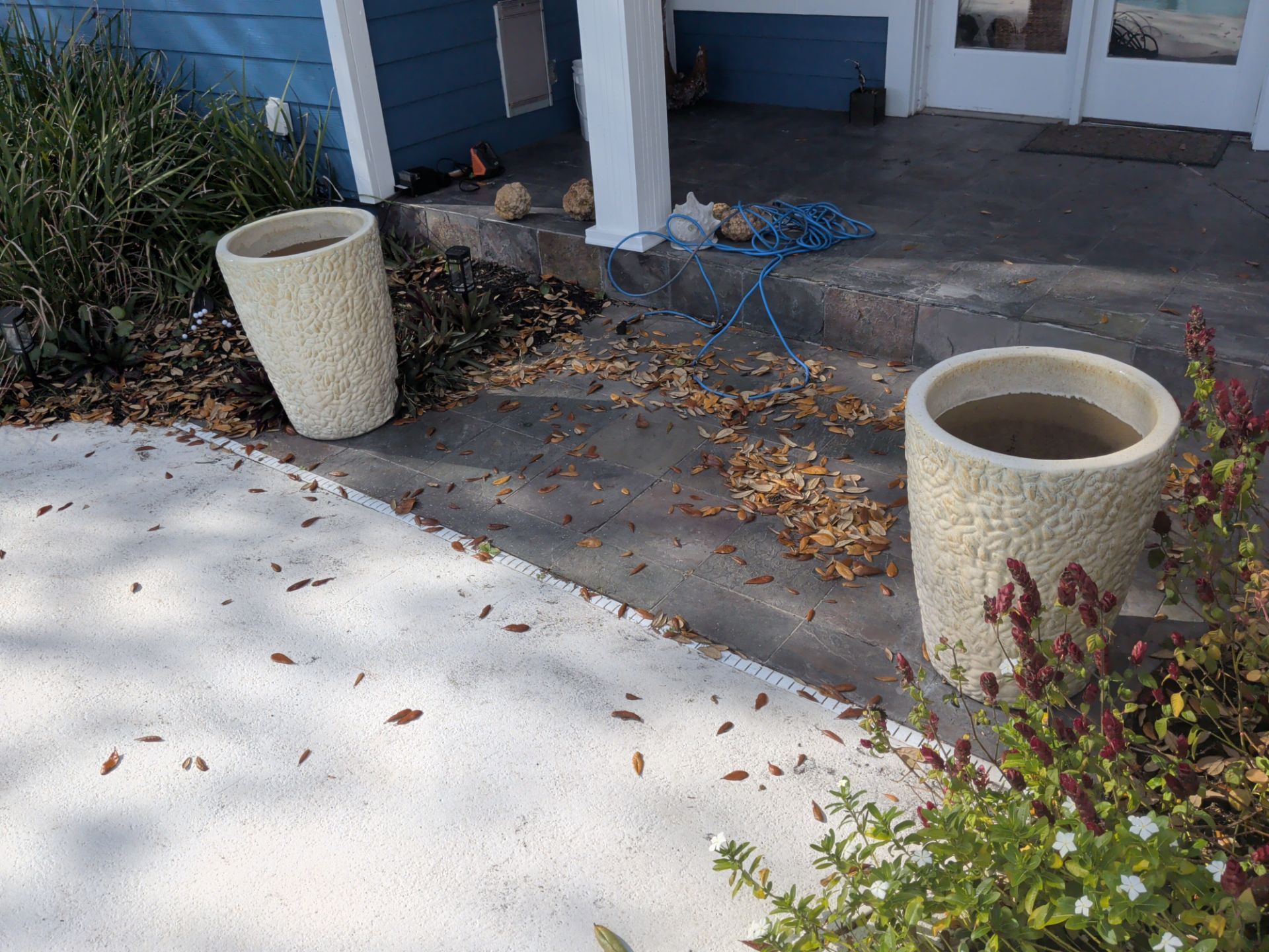 Two beige planters beside a concrete path covered in fallen leaves, in front of a blue house.