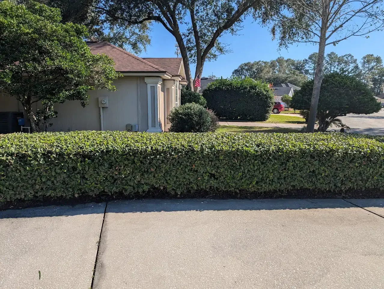 A house with a trimmed hedge in front and a clear blue sky.