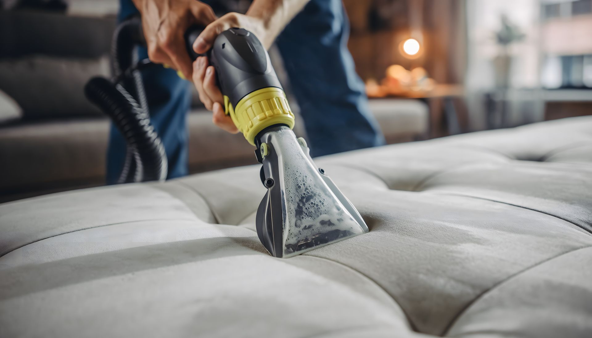 Person using a vacuum cleaner on a light gray upholstered couch indoors