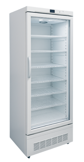 Lockable drug storage fridge in medical treatment area. Temperature-controlled pharmaceutical fridge for healthcare settings.