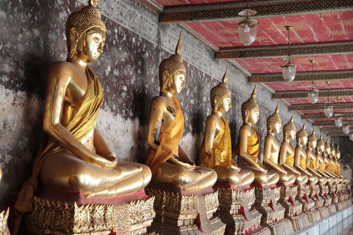Een rij gouden Boeddhabeelden in meditatiehouding staat tegen een donkere muur in een tempel met een rood, decoratief plafond.