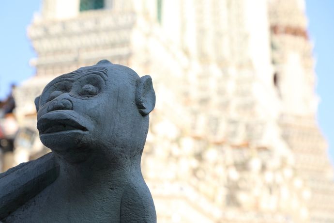 Op de voorgrond staat een donkerstenen apenbeeld, met op de achtergrond de wazige, ingewikkelde structuur van Wat Arun.