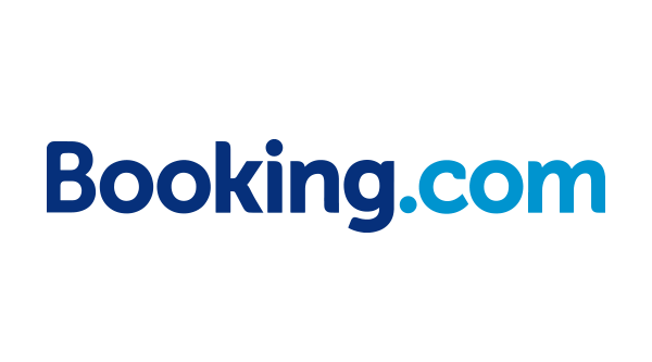 El logotipo de booking.com es azul y blanco sobre un fondo blanco.