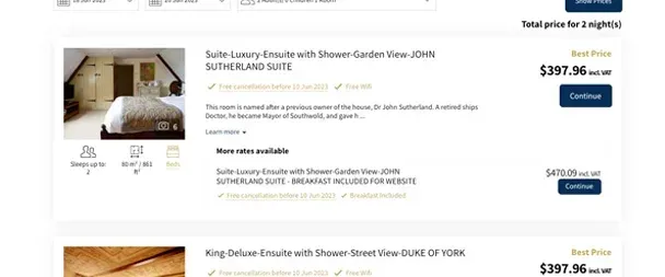 A screenshot of a website showing a hotel room for sale.