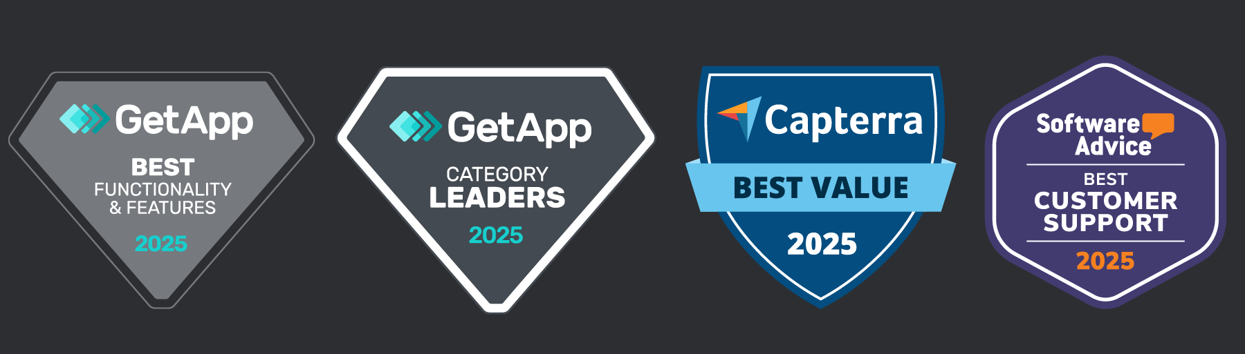 Insignias de premios sobre fondo oscuro: GetApp Mejor Funcionalidad, GetApp Líderes de Categoría, Capterra Mejor Relación Calidad-Precio, Software Advice Mejor Soporte.