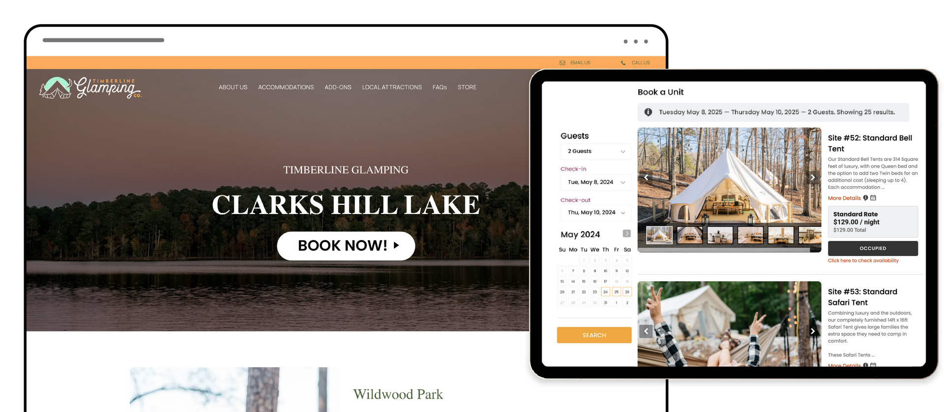 Una tableta y una computadora portátil muestran un sitio web de Clark's Hill Lake.