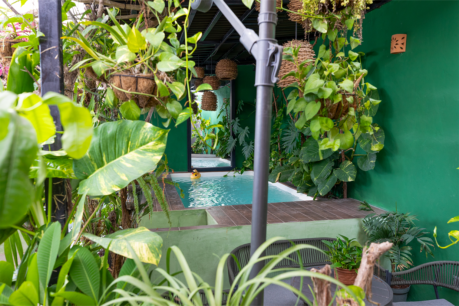 Patio ajardinado exuberante con plantas tropicales en macetas, pared vegetal y zona de estar a la sombra.