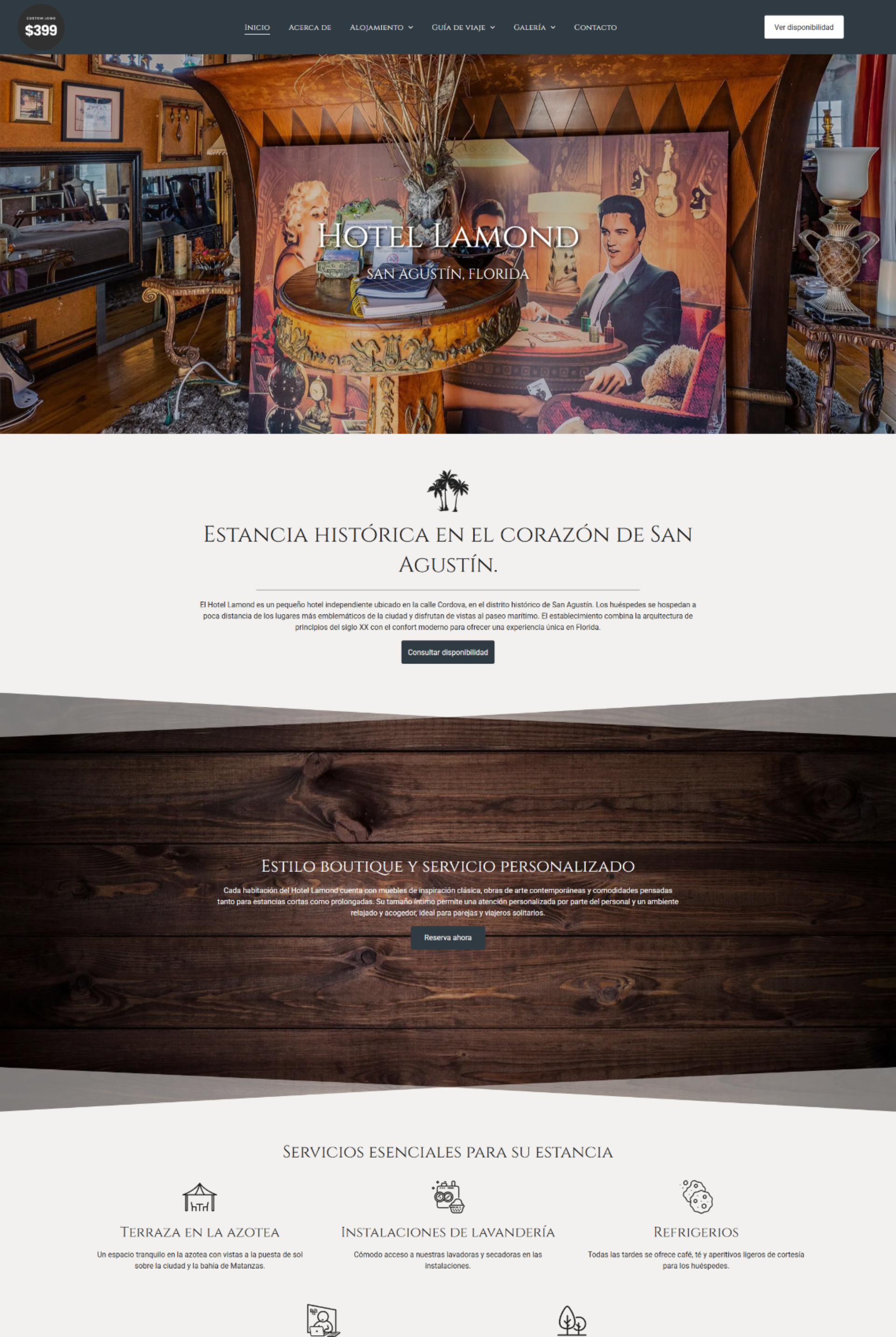 Website homepage for a historic hotel showcasing interior with elegant furniture.