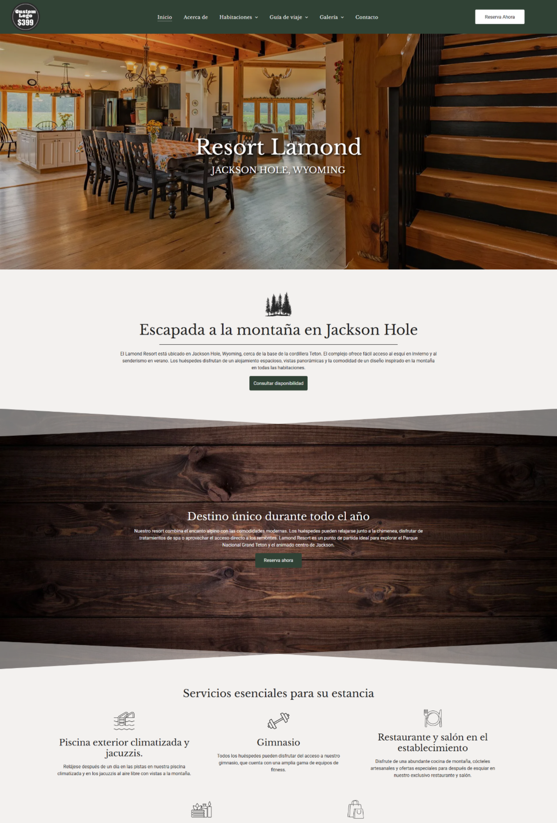 Resort website homepage with interior photo of dining area and a staircase.