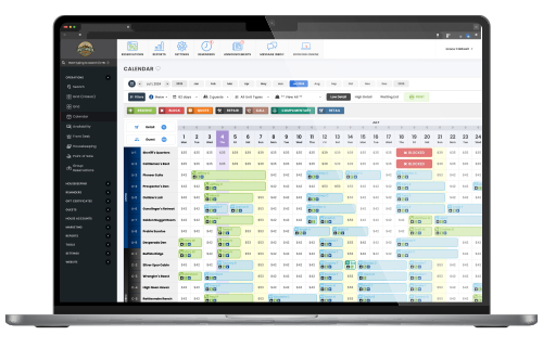 Ordenador portátil que muestra una interfaz de calendario de programación colorida con múltiples columnas y filas de citas.