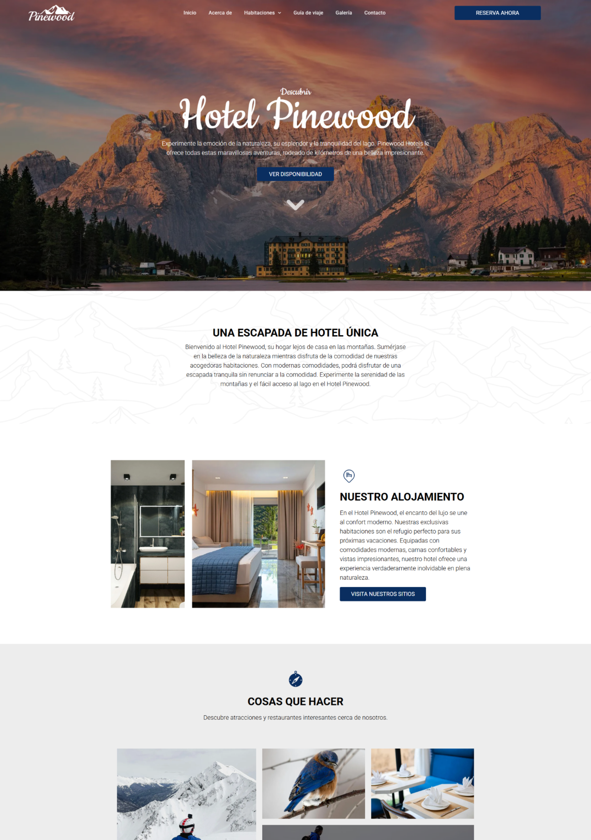 A screenshot of a hotel website showing a hotel room and a lake.