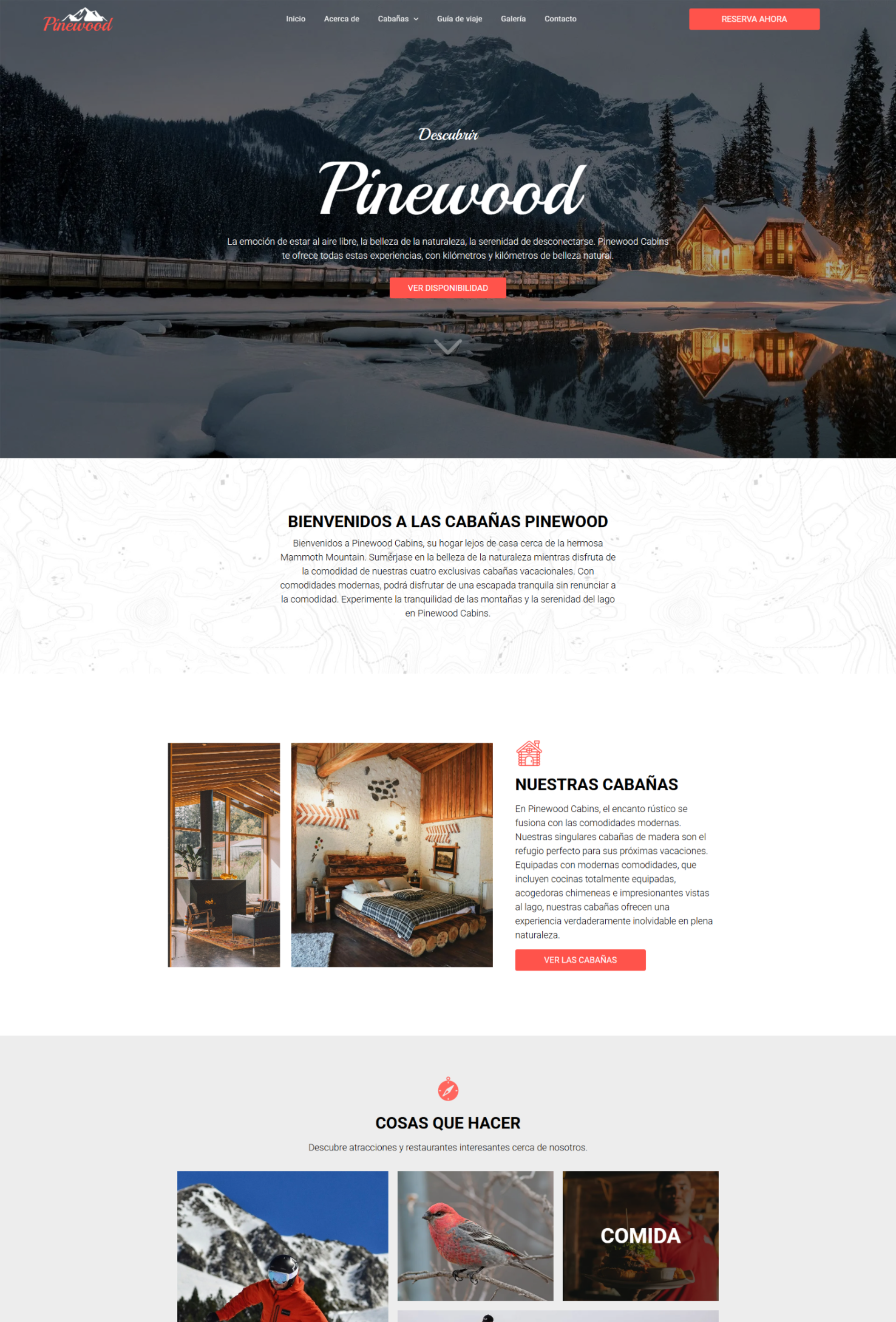 A screenshot of a cabin website showing a mountain, cabin and lake.