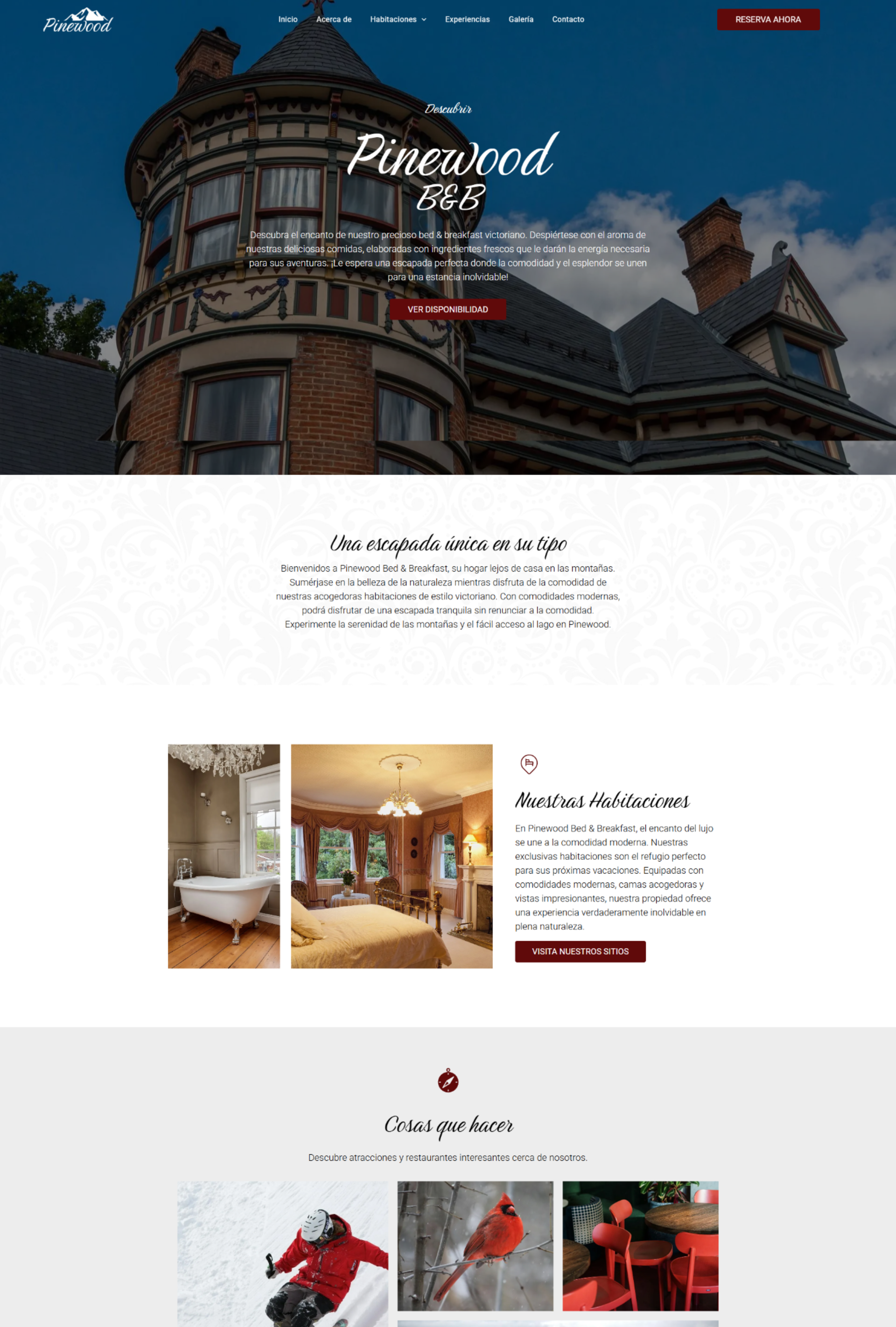 Página de inicio del sitio web del hotel con una imagen principal del edificio, texto centrado y vistas previas de las secciones de habitaciones y restaurante.
