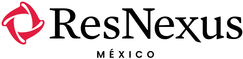 Logotipo de ResNexus México en texto rojo y negro con un icono circular rojo.