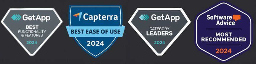 Cuatro insignias de premios: GetApp, Capterra, GetApp y Software Advice sobre fondos oscuros.