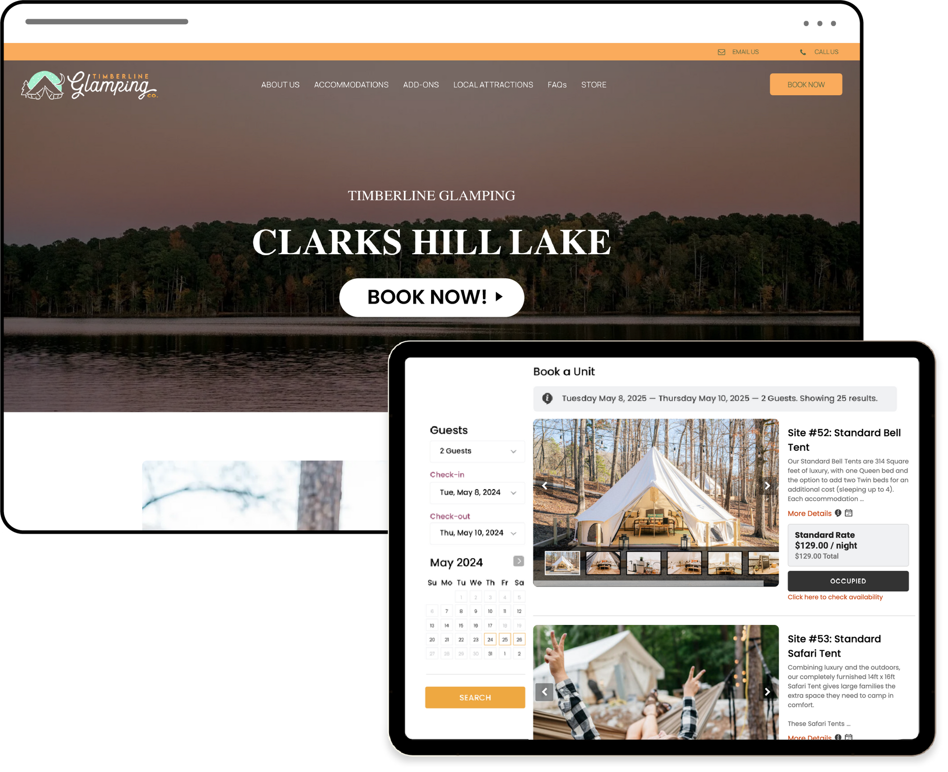 Una tableta y una pantalla de computadora que muestra un sitio web de Clarks Hill Lake.
