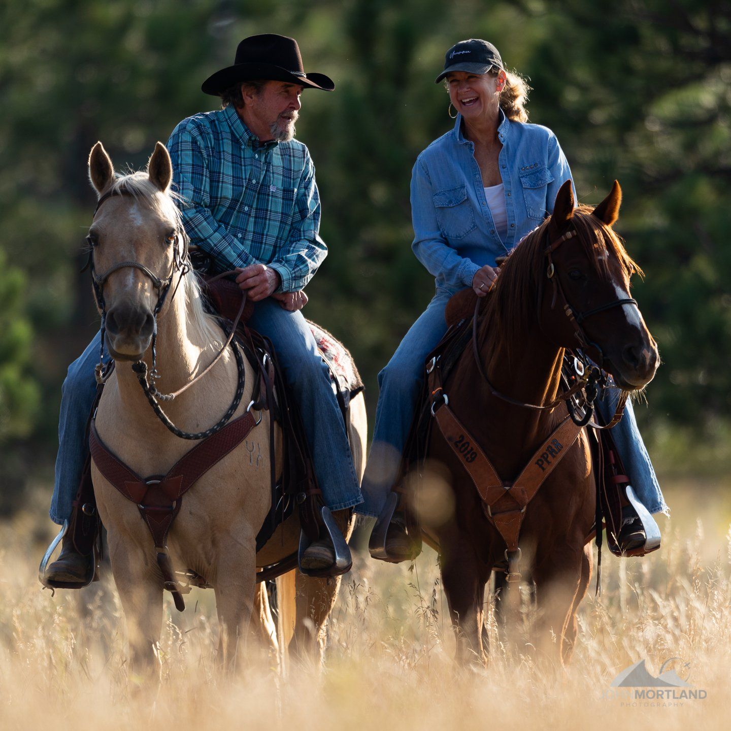 Two people riding horses in a field, smiling. Man in cowboy hat, woman in cap. Sunny day.