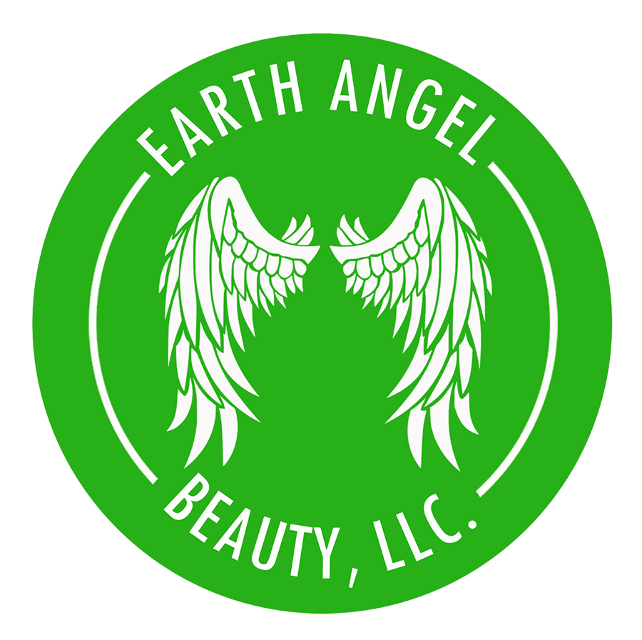 Green circle logo with white angel wings, text: Earth Angel Beauty, LLC.