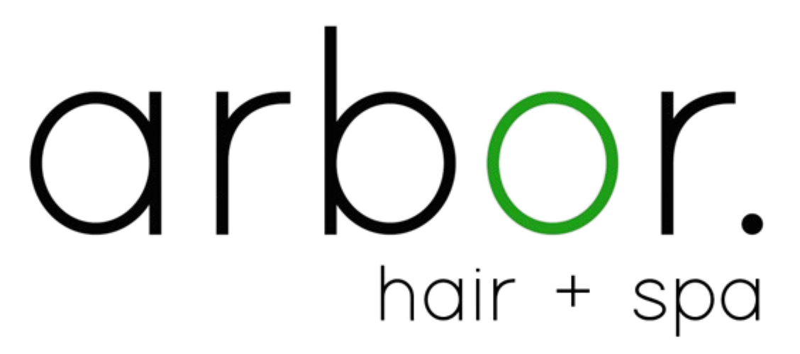 Arbor hair + spa logo. "o" in Arbor is green. Text is black with "hair + spa" in lowercase.