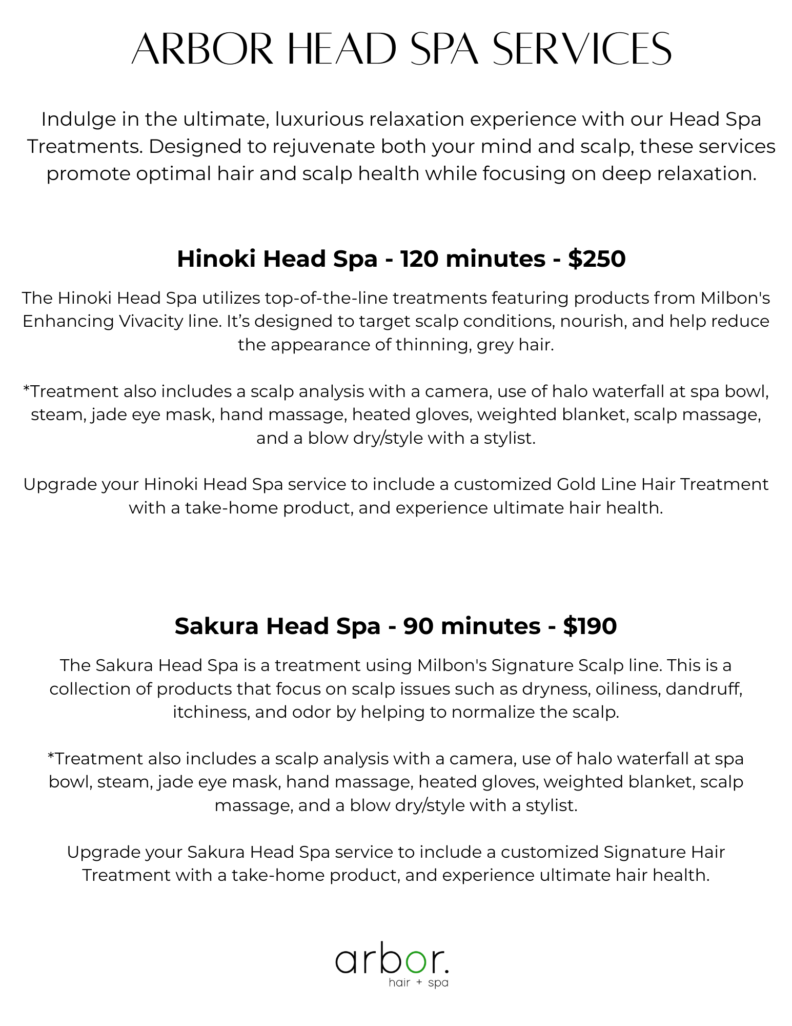 Arbor Head Spa services flyer listing Hinoki and Sakura Head Spa treatments with prices and descriptions