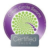 Green Circle Salons certified logo: purple and green circle design, gray 