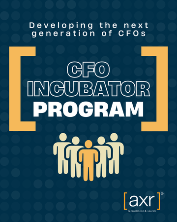 [axr] CFO Incubator Program poster with blue background, yellow brackets, and group of people icons.
