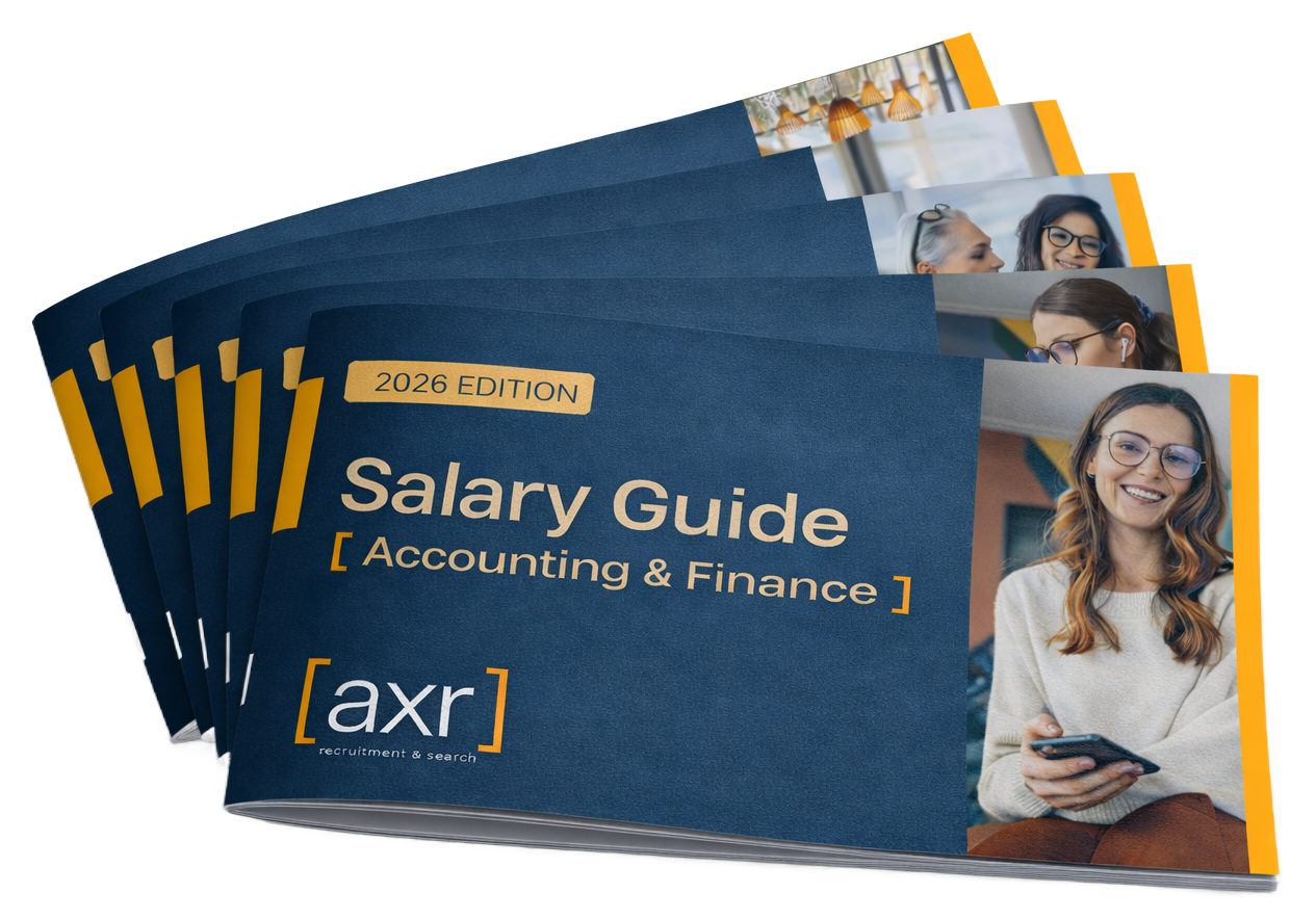 AXR Salary Guide and Accounting & Finance brochure in navy blue with orange accents