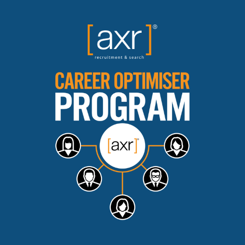 Blue graphic for AXR Career Optimiser Program. Text and illustrated people connected by lines.