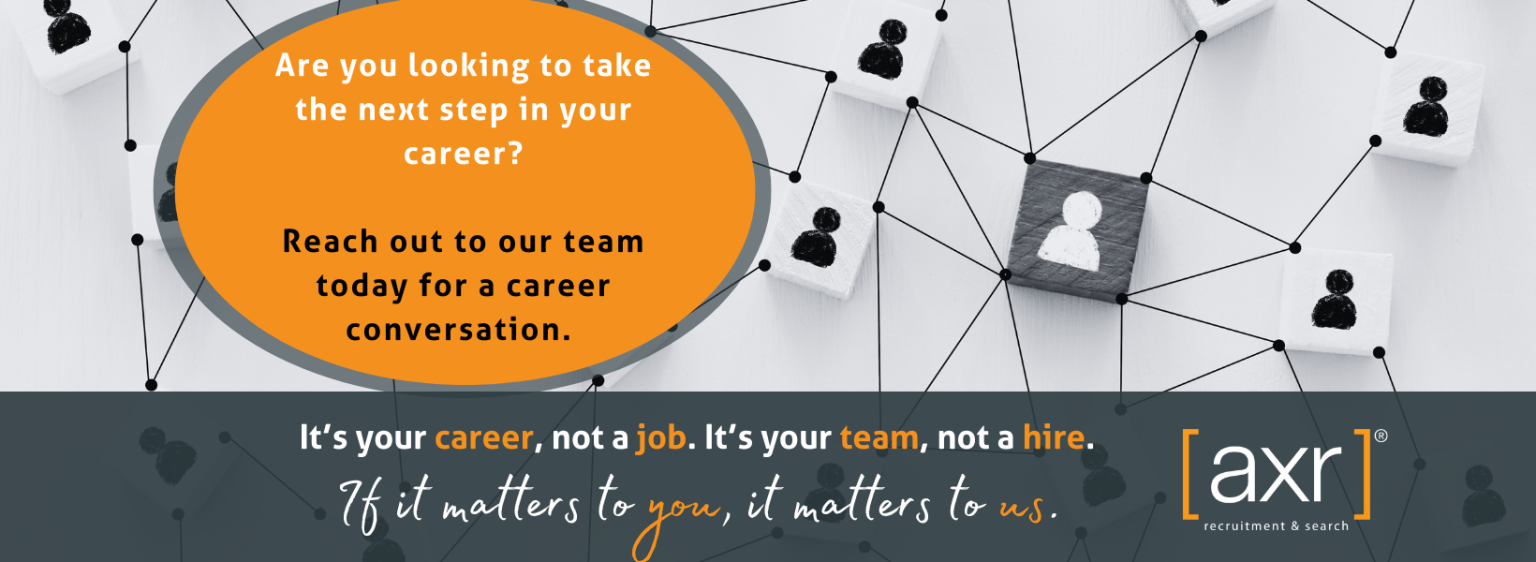 An orange oval with career advice text over a network of white and gray blocks, with the AXR brand logo at the bottom.