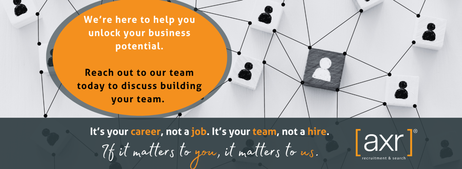 A recruitment ad featuring a network of connected person icons with an orange bubble text and company branding [axr].
