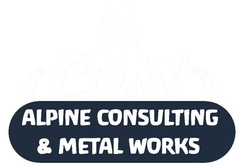 A logo for alpine consulting and metal works