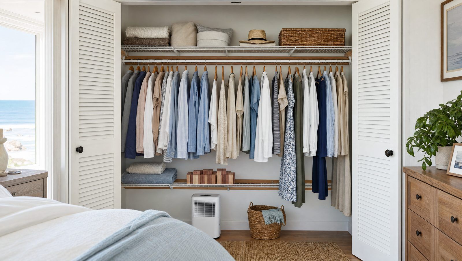Ventilated reach-in closet with cedar blocks and a small dehumidifier on the floor