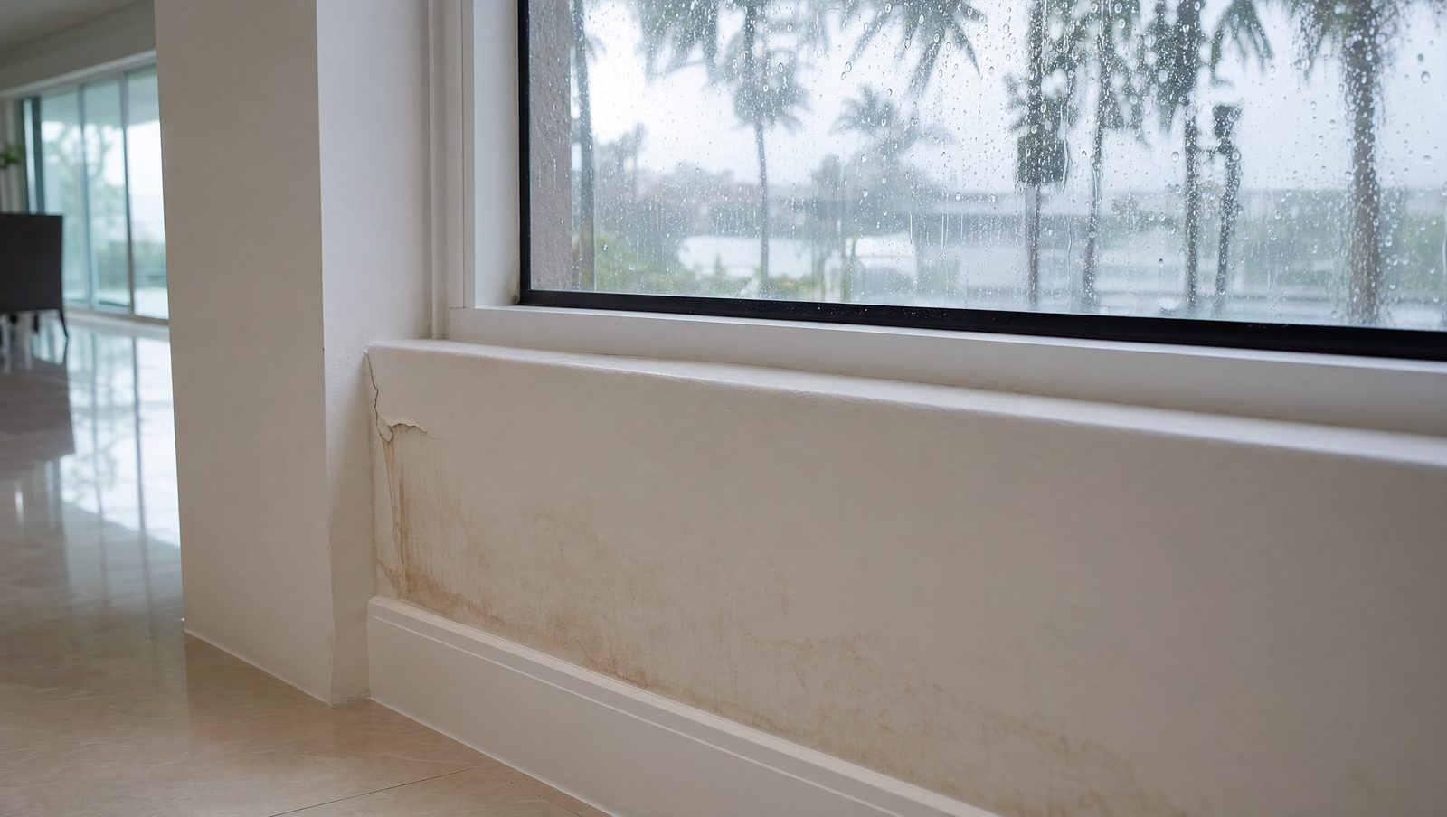 Water stain on the wall below a window in an Aventura home during a rainstorm