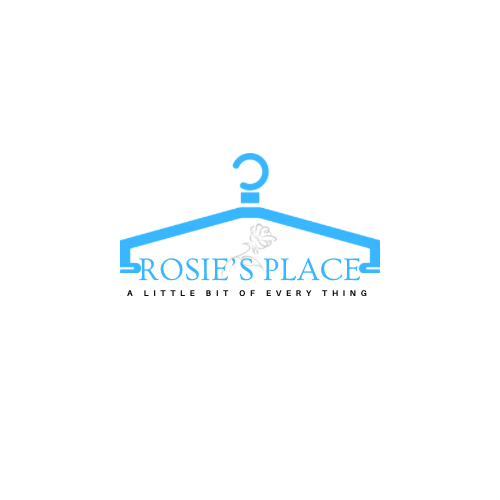 A blue hanger with the words rosie 's place a little bit of everything on it.