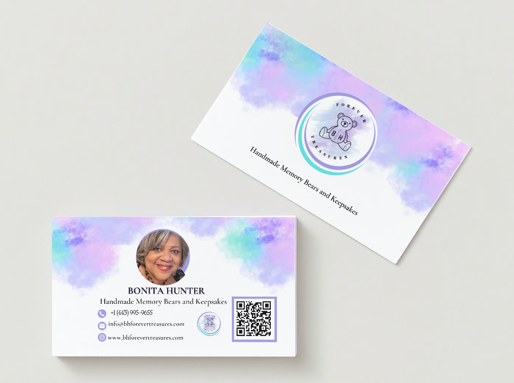 A business card with a picture of a woman and a qr code on it.