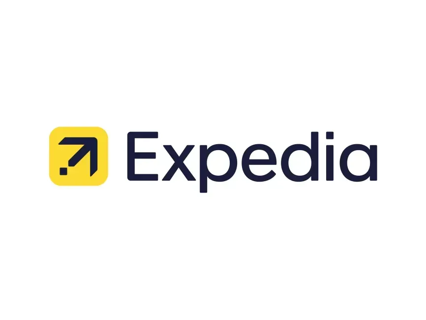 The expedia logo is black and yellow and has a yellow arrow pointing up.