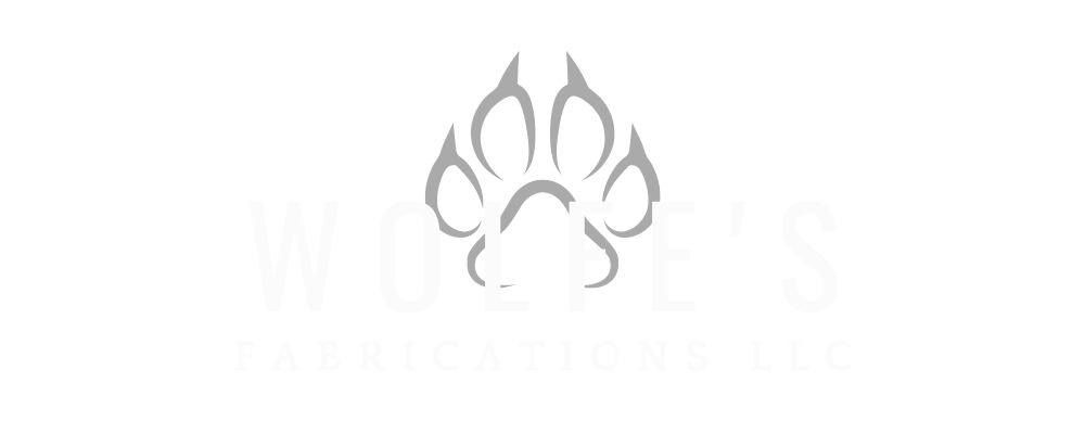 wolfes fabrications llc logo with grey wolf paw print