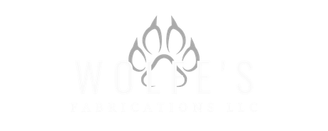 wolfes fabrications llc logo with grey wolf paw print