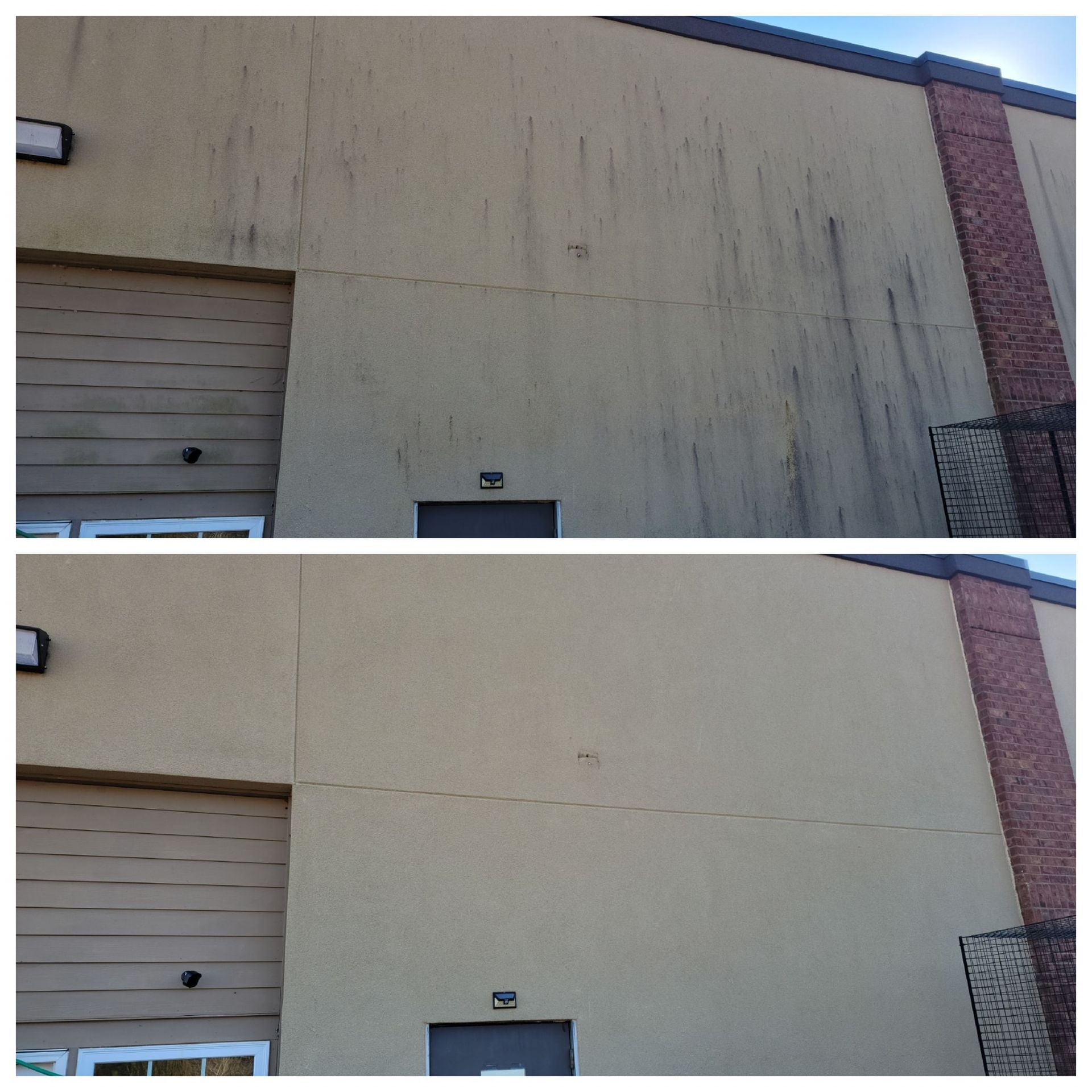 Before and after of a building's exterior wall being cleaned; shows the removal of streaks and grime.