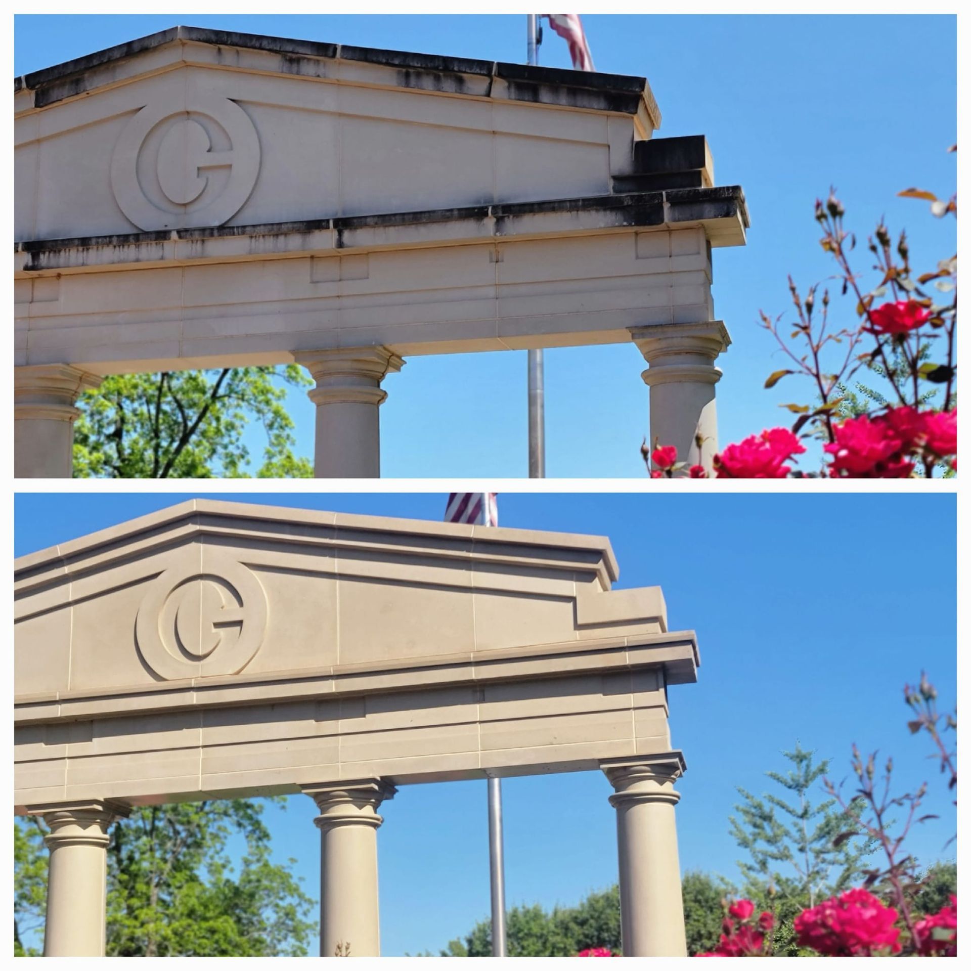 Two photos of a stone monument with a