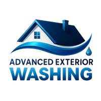 Logo for Advanced Exterior Washing: house with blue roof, water droplet, waves, and company name.