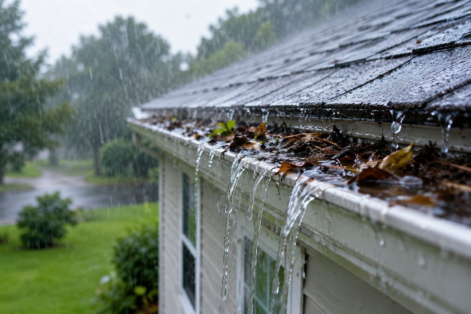 Clogged residential gutter overflowing during a heavy rainstorm in Georgia, causing water