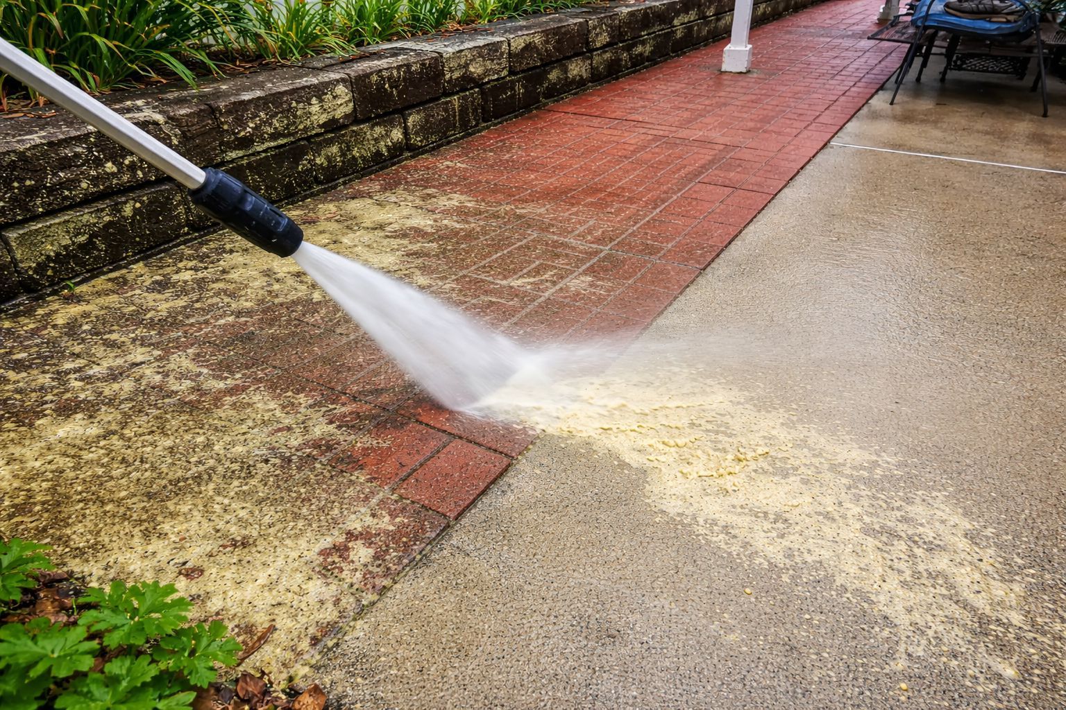 Patio and concrete surface covered in pollen and dirt in Middle Georgia home