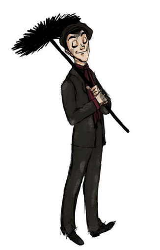 Chimney sweep smiling, holding brush; dressed in dark suit, cap, and red scarf.
