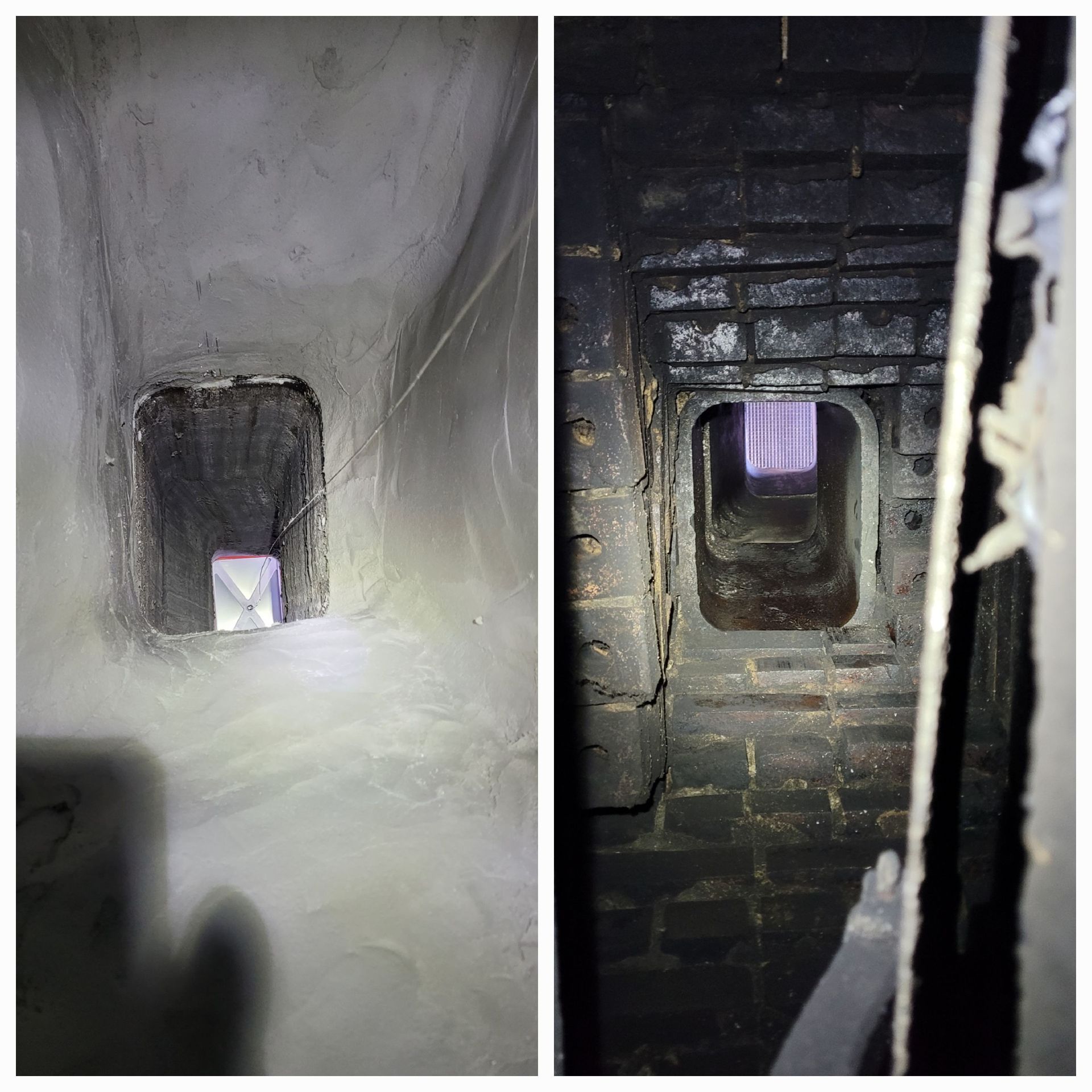 Side-by-side close-ups of a small rectangular vent or opening inside a white and a black brick wall.