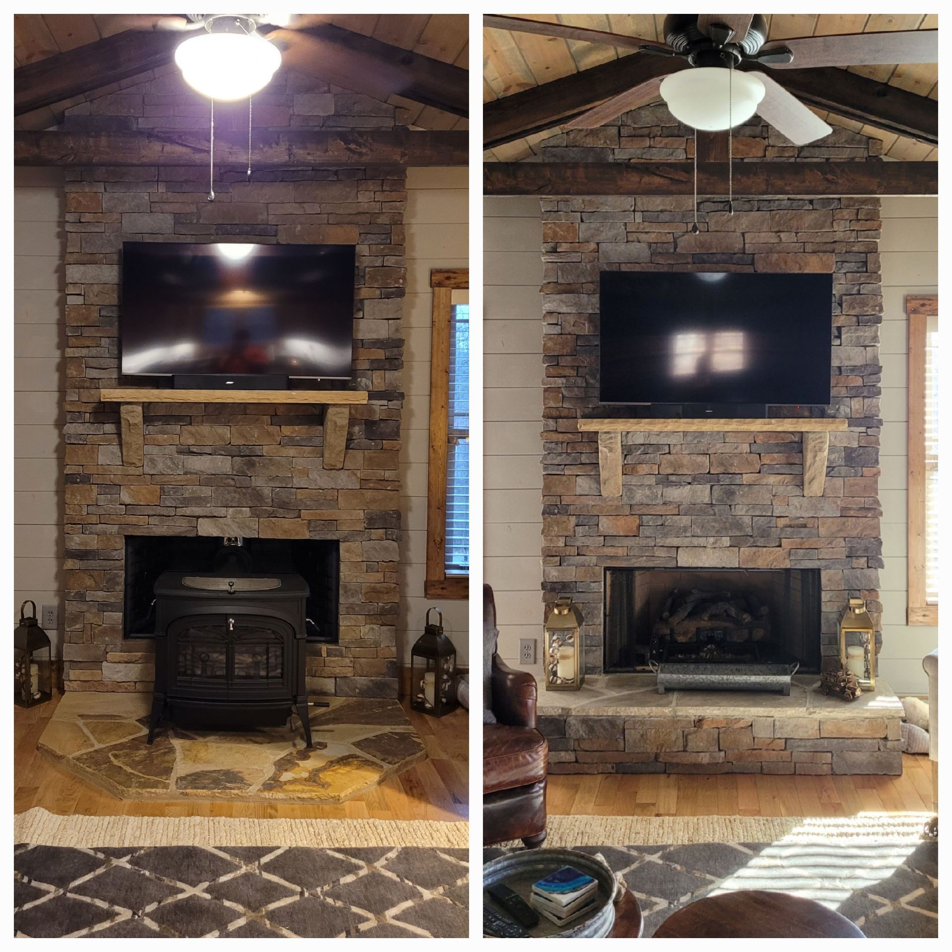 Before-and-after of a stone fireplace wall with mounted TV, ceiling fan, and wood stove removed on one side