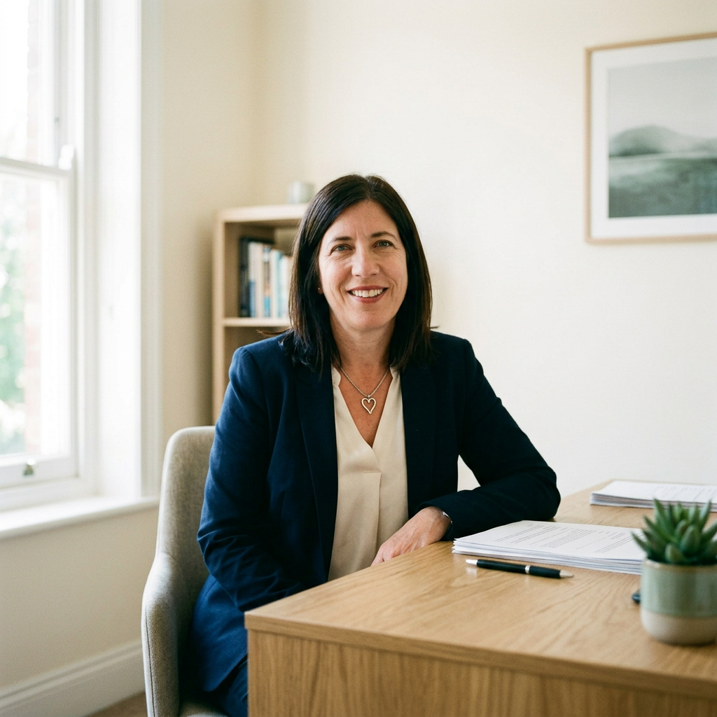 A professional sitting at a wooden desk in a bright office, smiling toward the camera with papers and a plant nearby.