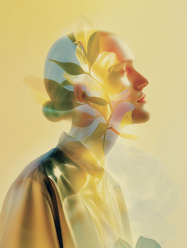 A double-exposure portrait of a person’s silhouette merged with yellow floral patterns against a soft, golden background.